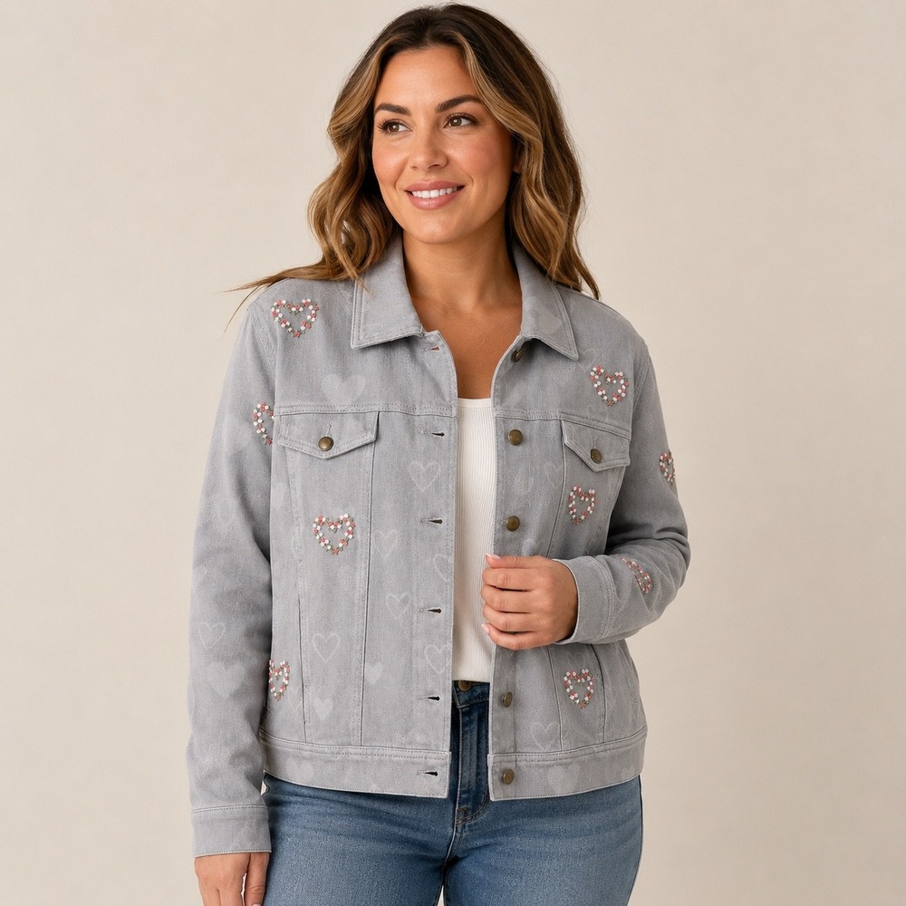 Coldwater Creek Pewter Gray Heart Embroidered Cotton Stretch Jacket 1X NEW 0129